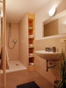 a bathroom with a sink and a shower at Haus Gstrein in Oetz