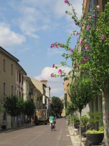 uma pessoa a andar de bicicleta numa rua com flores em Casa Luna tra Como e Milano em Saronno