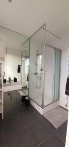 y baño con ducha acristalada y lavamanos. en The South Suite - trendy duplex op het Zuid en Amberes