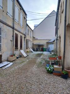 an alley with two buildings and some plants on the ground at La cour fleurie, tout confort in Dijon