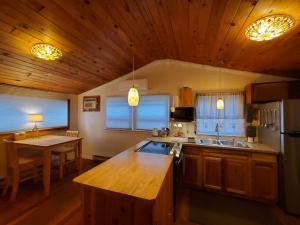 una cucina con soffitti in legno e una cucina con isola di Glade Cottage at White Lotus Eco Spa Retreat a Stanardsville
