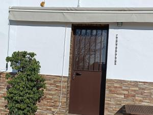 una puerta en un edificio con un árbol al lado en Pueblos blancos, en Vejer de la Frontera