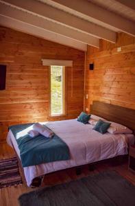 ein Schlafzimmer mit einem großen Bett in einem Holzzimmer in der Unterkunft Tiny House con opción de tina temperada in Puerto Varas