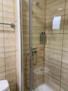a shower with a glass door in a bathroom at Tiny House con opción de tina temperada in Puerto Varas