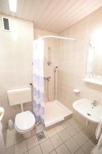 La salle de bains est pourvue d'une douche, de toilettes et d'un lavabo. dans l'établissement Hotel Slaven, à Selce
