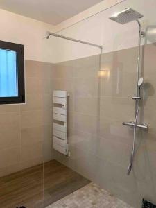 a bathroom with a shower with a glass door at "Villa I Rottani" Magnifique villa avec piscine privée in Aléria