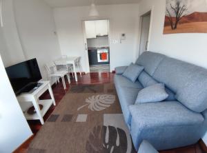 ein Wohnzimmer mit einem blauen Sofa und einer Küche in der Unterkunft Apartamento ANA - 1 Habitación in A Coruña