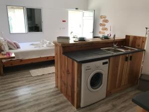 a kitchen with a washing machine in a room at Ninho do Monte in Ponta Delgada