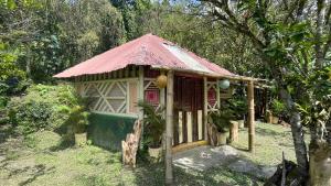 una pequeña casa con techo rojo en un bosque en TROPICAL BIOHOSTEL, en Nocaima