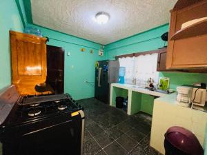 una cocina con paredes verdes y fogones. en Agradable casa de 4 habitaciones 2 baños cómodos, en La Ceiba