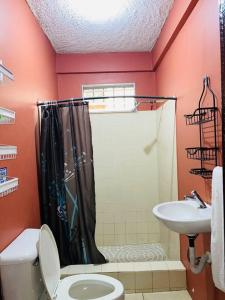 a bathroom with a toilet and a sink at Agradable casa de 4 habitaciones 2 baños cómodos in La Ceiba