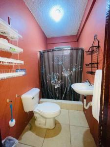 y baño con aseo y lavamanos. en Agradable casa de 4 habitaciones 2 baños cómodos, en La Ceiba