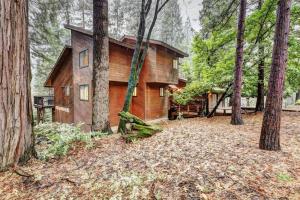 chata z bali w lesie z drzewami w obiekcie Picturesque Cabin Hot Tub w mieście Nevada City
