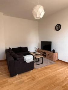 a living room with a couch and a tv at Bequemes und helles Einfamilienhaus mit Garten in Weil am Rhein