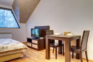 a bedroom with a table and a bed and a television at Студио Ая- Смолянски езера in Smolyan