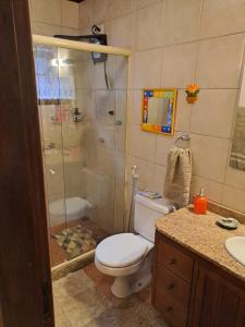 a bathroom with a shower and a toilet and a sink at Chalé charmoso e aconchegante em Visconde de Maua in Visconde De Maua +73 photos