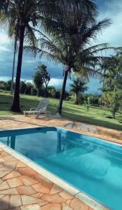 a swimming pool with palm trees in the background at Sítio Cantinho da Cachoeira in Guapé