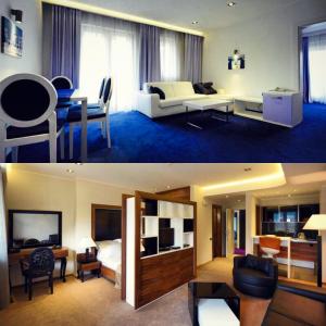 ein Wohnzimmer und ein Hotelzimmer mit einem Schlafzimmer in der Unterkunft Apartments M Palace in Budva