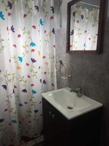 a bathroom with a sink and a shower curtain with butterflies at Cultura Serrana in La Paz