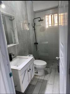 Baño blanco con lavabo y aseo en Apartamento la familia 2, en Santa Bárbara de Samaná