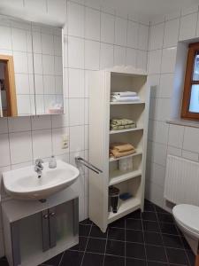 a white bathroom with a sink and a toilet at Wohnung in Medlitz in Rattelsdorf