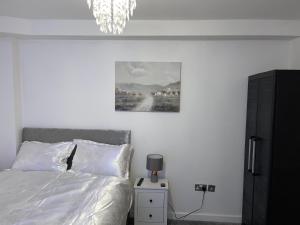 Schlafzimmer mit einem Bett und einem Kronleuchter in der Unterkunft Elegant 1-BR Flat Roman Road in Middlesbrough