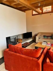 a living room with a red couch and a fireplace at Chalet d'architecte-Alpe d'Huez 9p- 4ch- 1bureau in Villard-Reculas