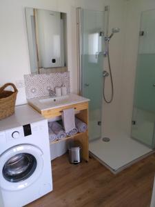 een badkamer met een douche en een wasmachine bij Maison sur pilotis in Saint-Palais