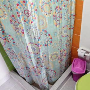 y baño con cortina de ducha y aseo. en Hostal Palmas De Cocora en Salento