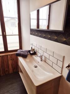 ein Bad mit einem Waschbecken und einem Spiegel in der Unterkunft Prestigieuse Résidence : N°6 in Bellac