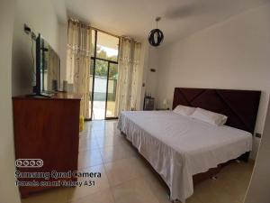 1 dormitorio con 1 cama, TV y ventana en Casa Grande en San Ramón
