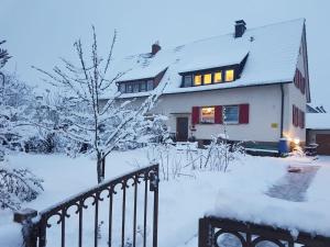 a house covered in snow with a fence at Ferienwohnung Umkirch in Umkirch