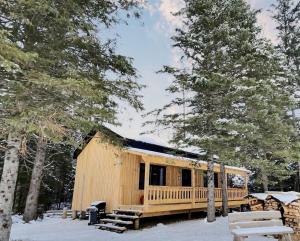 a cabin in the woods in the snow at Ranch de Frisons le Fer à Cheval - Le Madison - Chalet Rustchic au pied du Mont Mégantic in La Patrie