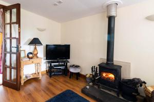 The Retreat في Llanrhaeadr-ym-Mochnant: غرفة معيشة فيها موقد وتلفزيون