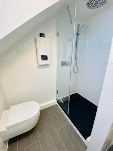 une salle de bain blanche avec douche et toilettes dans l'établissement Cute Apartment - Detmold city center - large kitchen, bath, south facing balcony - free parking and wifi, à Detmold