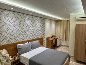 um quarto de hotel com uma cama e uma secretária em San Francisco Plazza em São Paulo