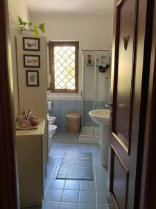 ein Bad mit einer Dusche, einem Waschbecken und einem WC in der Unterkunft Casa~Lu in Mentana