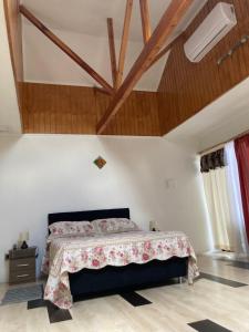 1 dormitorio con cama y techo de madera en Amplia habitación con Jacuzzi y aire acondicionado, en Valdivia