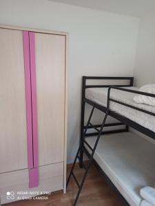 a bunk room with two bunk beds and a mirror at Domki pod Sosnami in Międzychód +5 photos