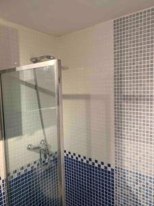 Łazienka z prysznicem wyłożona jest niebieskimi i białymi kafelkami. w obiekcie Studio-Loft con Terraza w Madrycie