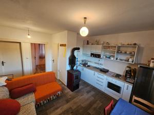 a living room with an orange couch and a stove at Studenac Mionica 