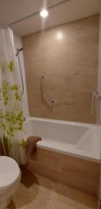 a bathroom with a white tub and a toilet and a shower at Apartamento 2 Cuartos 1 Bano in Victoria