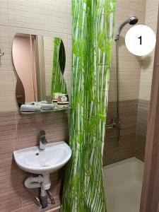 łazienka z umywalką i zasłoną prysznicową w obiekcie Ideal KH apartments w Charkowie