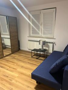 a living room with a blue couch and a mirror at Piasecki Apartamenty in Lublin