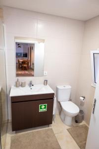 een badkamer met een toilet, een wastafel en een spiegel bij Casa da Abelheira in Ponta Delgada