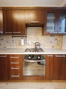 Una cocina con gabinetes de madera y un fregadero. en Kukuryku Apartament Centrum, en Katowice