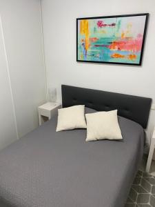 卡爾維的住宿－COEUR DE CALVI，卧室配有一张带两个枕头的床,墙上挂有绘画作品