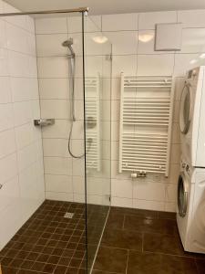 y baño con ducha y lavadora. en Ferienwohnung Schoppernau, en Schoppernau