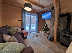 - un salon avec un canapé et un arbre de Noël dans l'établissement FILIPOWE CHATY, à Kościelisko