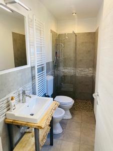 een badkamer met een wastafel, een toilet en een douche bij Montecatini Sunrise in Montecatini Terme